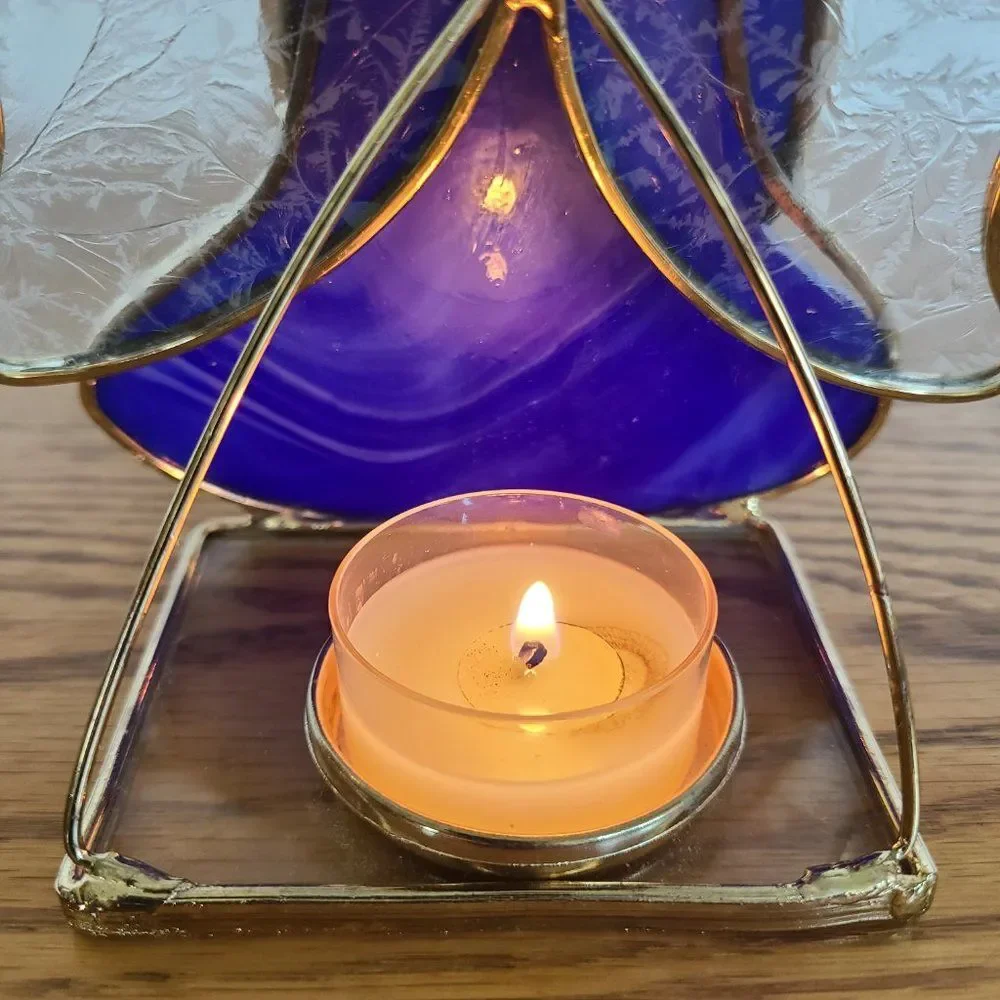Vintage Stained Glass Tealight Holder Angel Trumpet Candle Display Cobalt Blue